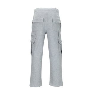 Men's grey heather open-hem cargo pants with cargo flap pockets and adjustable waistband