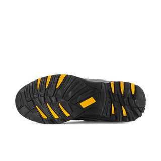 Men's steel-toe work shoe outsole, black tread with yellow accent channels.
