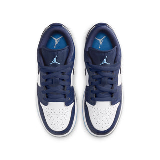 Youth low-top sneakers with navy tongues showing Air Jordan logos and white toe perforations