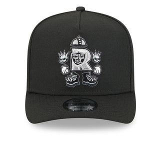 Black A-frame baseball cap with Raiders cartoon emblem patch front