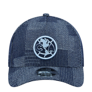 Denim A-frame baseball cap with Club America crest patch, dark blue patterned panels