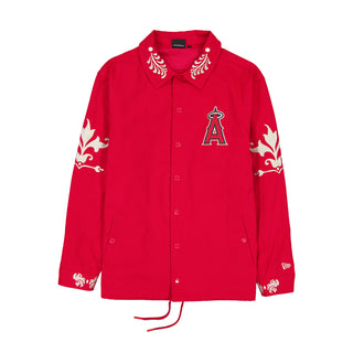 Men's red Angels wordmark jacket with front buttons and chest A logo patch