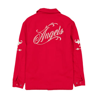 Men's red Angels wordmark jacket back view with large white script and side motifs