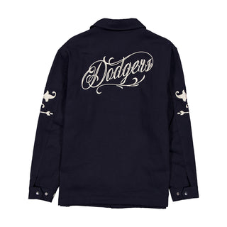 Men's dark navy jacket with back 'Dodgers' wordmark script and button cuffs