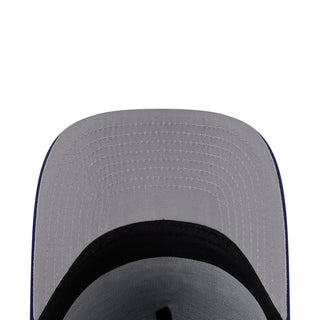 Gray inner top of an A-frame baseball cap with black curved trim