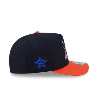 A-frame baseball cap, navy crown with orange brim, blue graphic on side panel