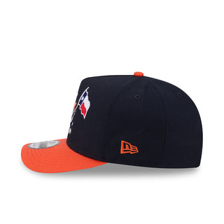 A-frame baseball cap, navy crown with orange brim, embroidered flag patch on side