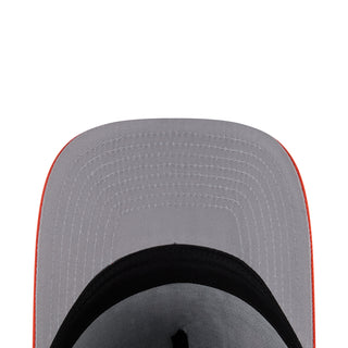 A-frame baseball cap crown with gray fabric, black inner band, orange edge trim