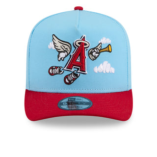 Light blue and red A-frame baseball cap with LA Angels cartoon logo front