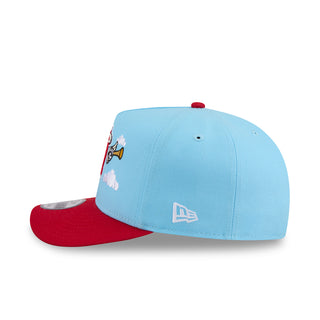 Light blue A-frame baseball cap with red brim and small LA Angels icon detail