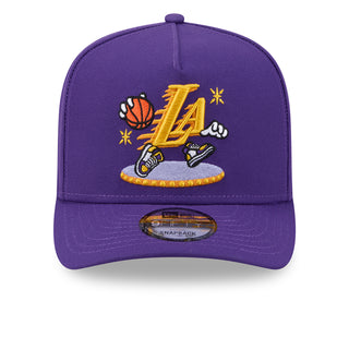Purple snapback A-frame cap with embroidered basketball cartoon graphic on front