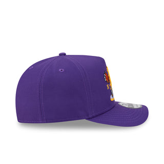 Purple snapback A-frame cap with side embroidered cartoon patch