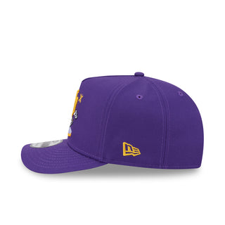 Purple snapback A-frame cap with side character embroidery and New Era logo