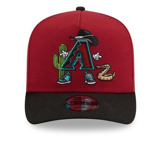 Red and black A-frame baseball cap with cartoon A mascot patch on front