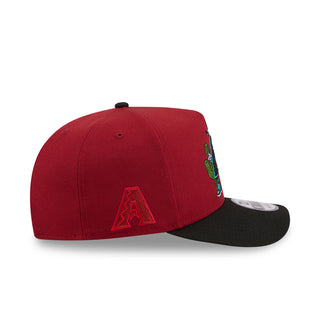 Red A-frame baseball cap with side cartoon graphic and black brim