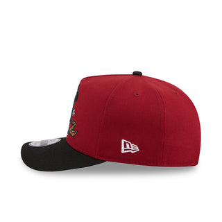 Red A-frame baseball cap with New Era logo and black brim