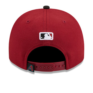 Red A-frame baseball cap back view with New Era flag patch and buckle strap
