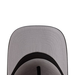 Baseball cap crown close-up with light gray panels and black inner trim