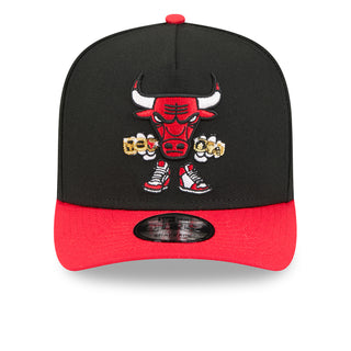 Black and red baseball cap with bull mascot embroidery, snapback adjustable strap