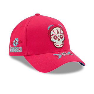 Red baseball cap with side ANGELS text and Dia de Muertos skull graphic