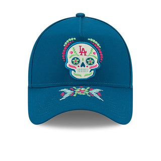 Blue A-frame cap with colorful Dia de Muertos skull front patch