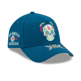 Blue A-frame cap with side text and colorful skull graphic embroidery