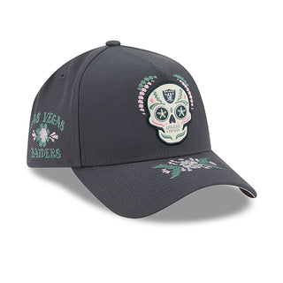 Raiders Dia de Muertos A-Frame cap, side view with skull graphic and green details