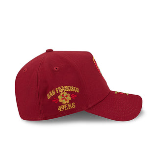 Red A-frame baseball cap with embroidered “San Francisco 49ers” text on the back