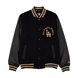 Men's black varsity jacket with button front, striped rib trim, and LA logo patch.