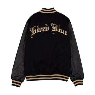 Men's black varsity jacket with back 'Bleed Blue' graphic and striped ribbed collar and hem.