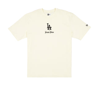 Beige men's T-shirt with LA Dodgers logo and 'Bleed Blue' front graphic