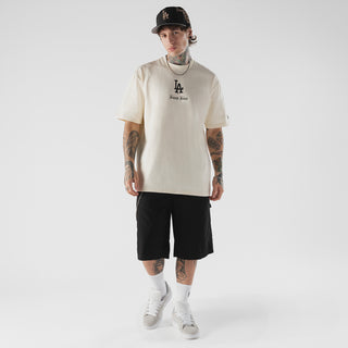 Beige men's heritage T-shirt with LA Dodgers chest logo; crew neck, short sleeves