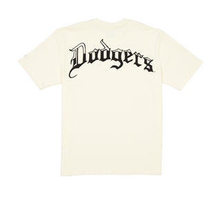 Beige men's T-shirt with 'Dodgers' graphic on the back, short sleeves