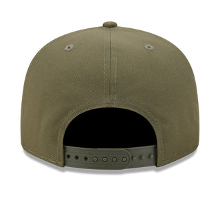 New olive baseball cap showing snapback strap with eyelets and black inner brim
