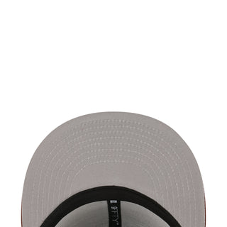 Light gray baseball cap close-up with stitched panels and black interior band