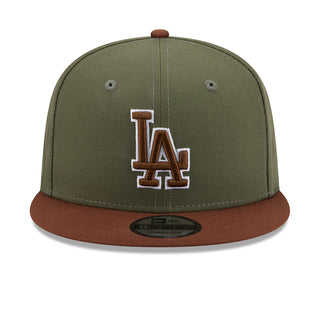 Dodgers two-tone baseball cap in olive with brown brim and LA logo