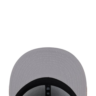 Gray baseball cap interior with black sweatband and stitched panels