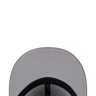 Light gray baseball cap interior with black headband and brown trim