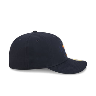 Navy baseball cap with small orange-blue patch and blue graphic on side