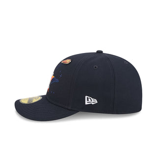 Navy baseball cap with side orange-blue patches and New Era logo patch