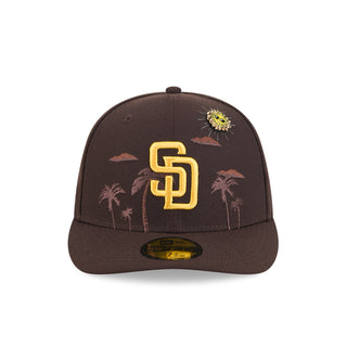 Brown baseball cap with yellow SD logo, palm tree patches, and New Era flag side.