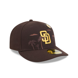Brown baseball cap with yellow SD logo front patch and palm tree embroidery, side view.