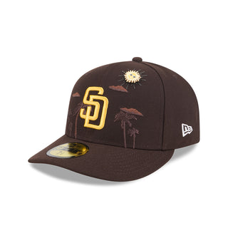 Brown baseball cap with yellow SD logo, sunburst patch, palm trees, and New Era flag.