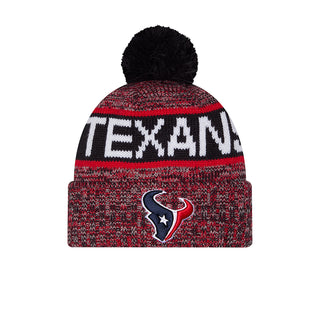 Tri-color knit beanie with black pom-pom and Texans logo patch, red and white stripes