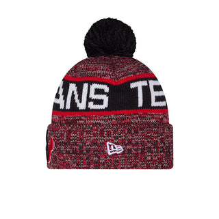 Tri-color knit beanie with black pom-pom, Texans lettering across cuff, red and white accents