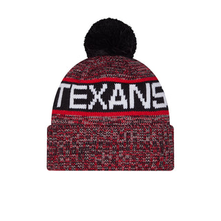 Tri-color knit beanie with black pom-pom and large TEXANS lettering, red, black, and white
