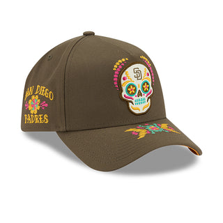 Olive baseball cap with colorful skull patch and 'SAN DIEGO PADRES' side embroidery