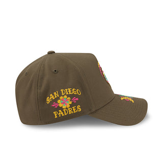Olive baseball cap with 'SAN DIEGO PADRES' embroidery and multicolor flower accents