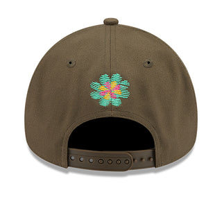 Olive baseball cap with multicolor flower embroidery on back and snapback strap