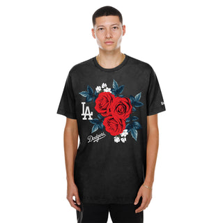 Men's black embroidered tee with red roses, blue leaves, and LA Dodgers emblem